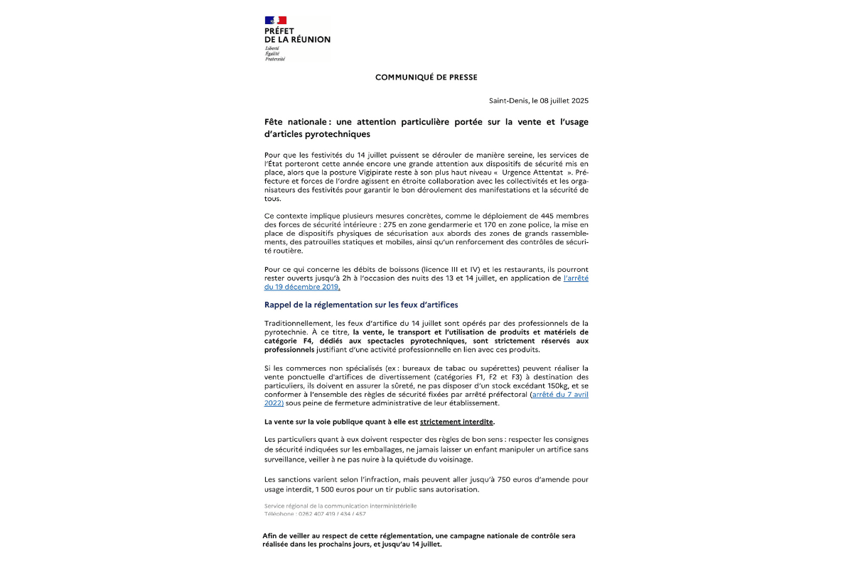 Fête nationale à La Réunion : vigilance renforcée autour des feux d’artifice