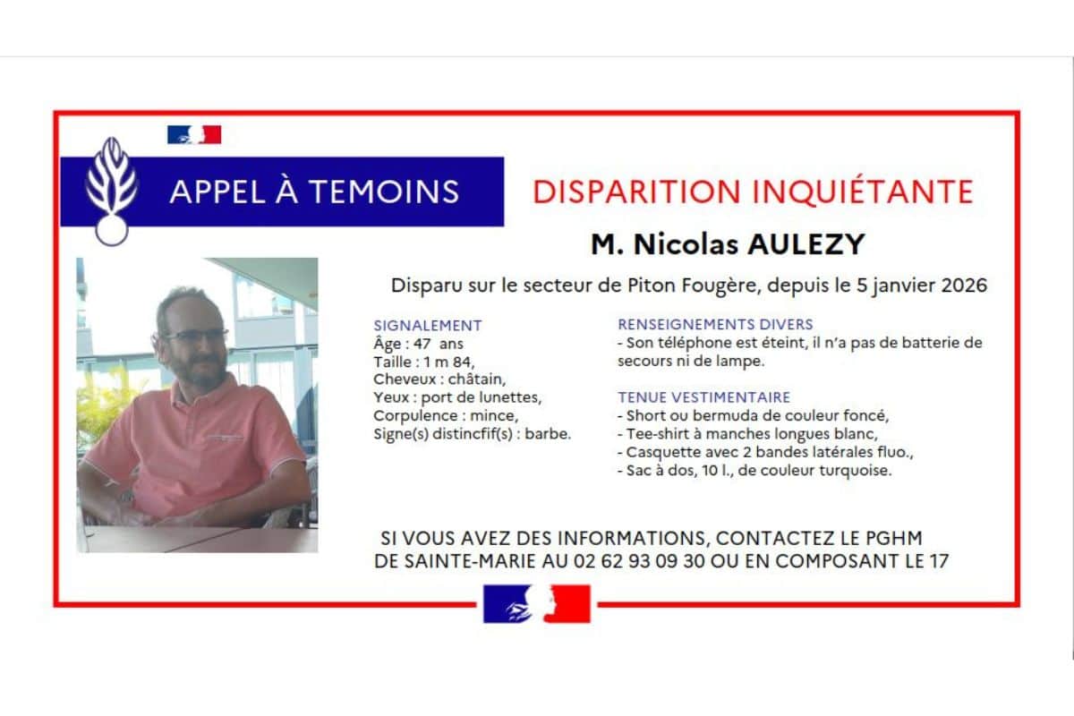 Toujours introuvable un appel à témoins lancé après la disparition inquiétante de Nicolas Aulezy à Piton Fougère